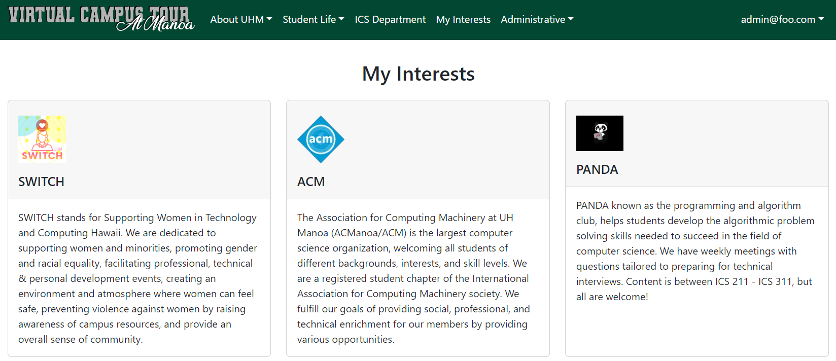 Virtual Campus Tour My Interests Page